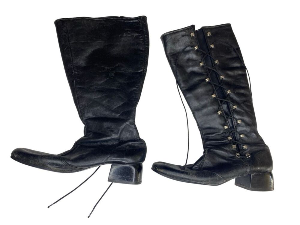 Vintage Leather Knee High Lace Up Boots Victorian Granny Witch Western Block Hee